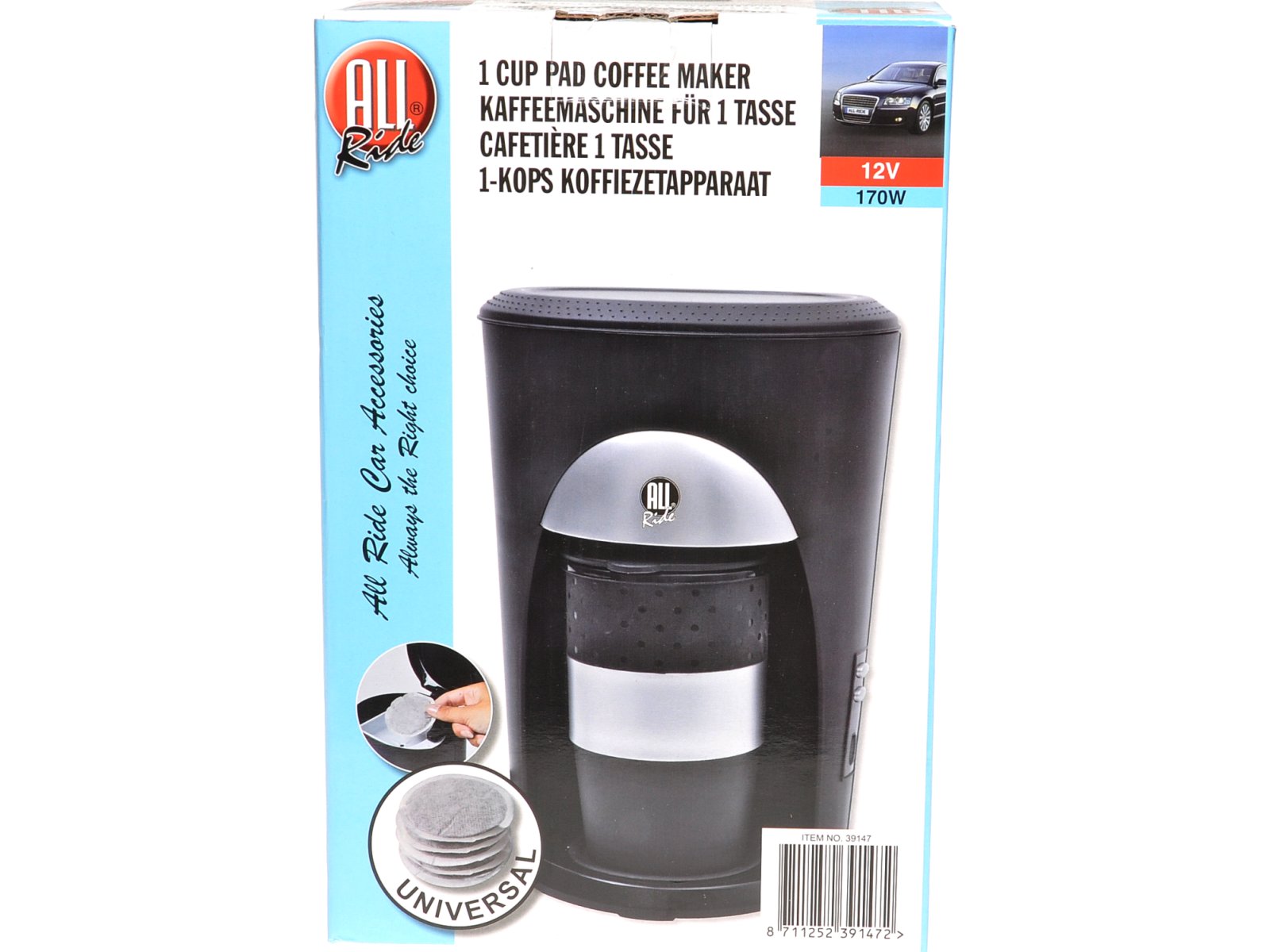 ALL Ride Coffeemaker 1 Cup universal für alle Kaffee-Pad´s, 12V